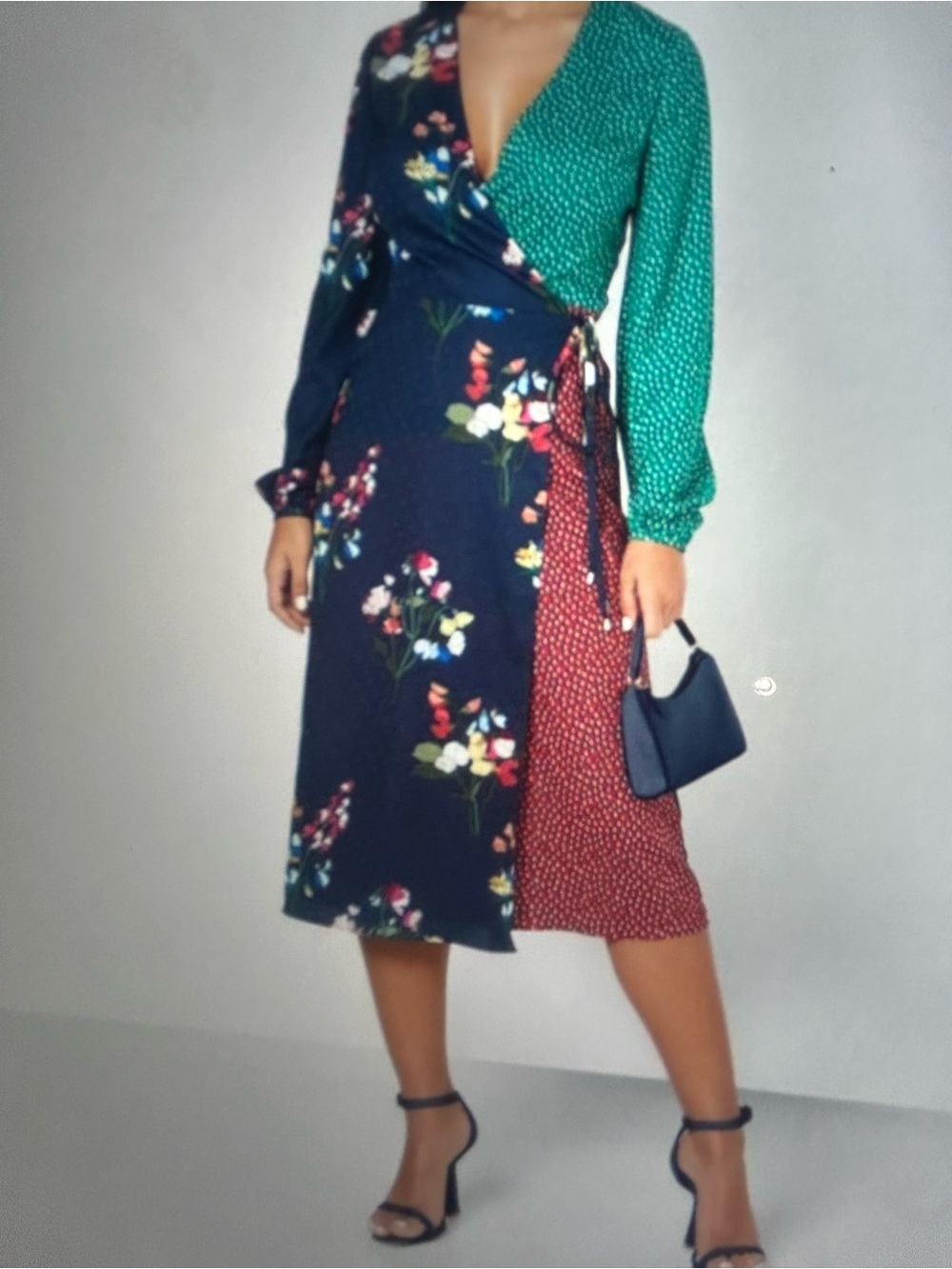 Ted Baker Mixed-Print Wrap Dress in Navy, Teal and Red- EUC